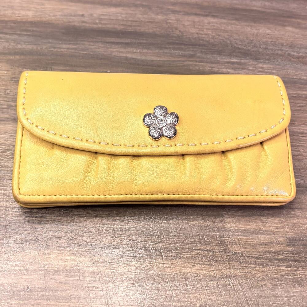 Brighton Yellow Leather Clutch Wallet Silver Flower Accent Ruched Continental